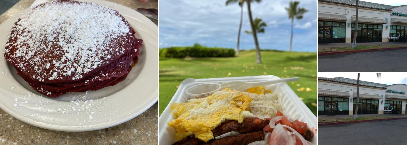 Julie'z Restaurant — Red Velvet Pancakes, breakfast plate, and Kapolei Marketplace storefront
